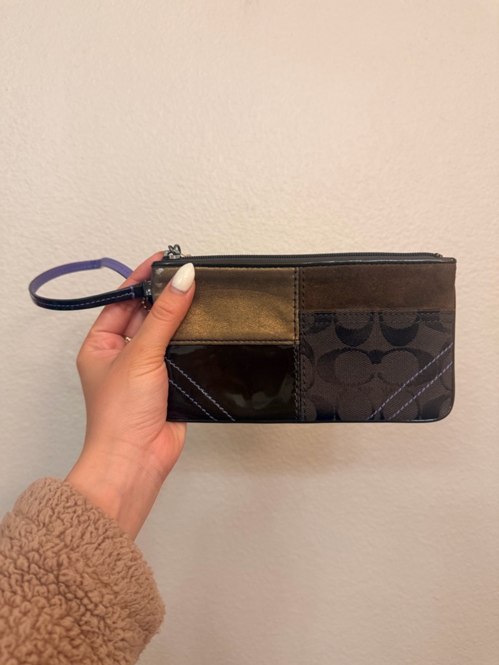 Coach Patchwork Wristlet in Black and Bronze